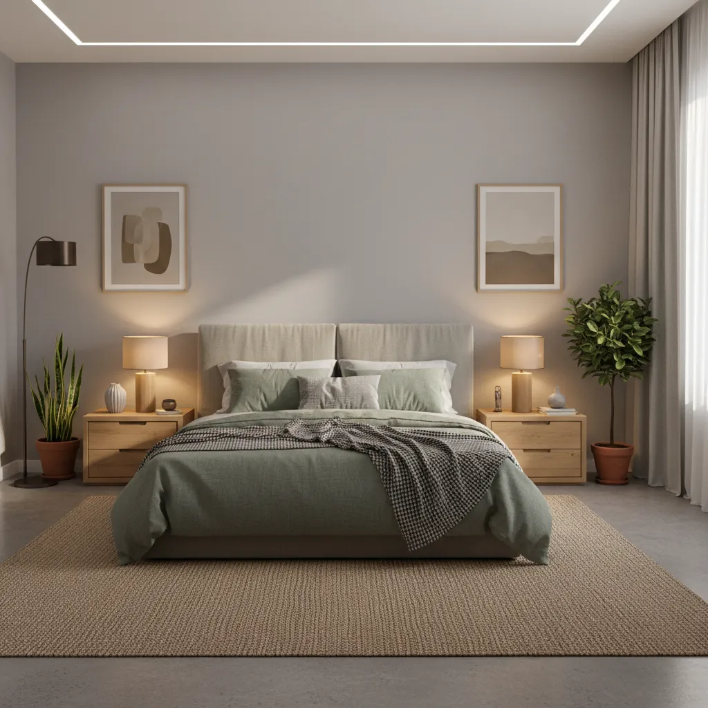 Bedroom interior with gray walls green bedding and warm lighting