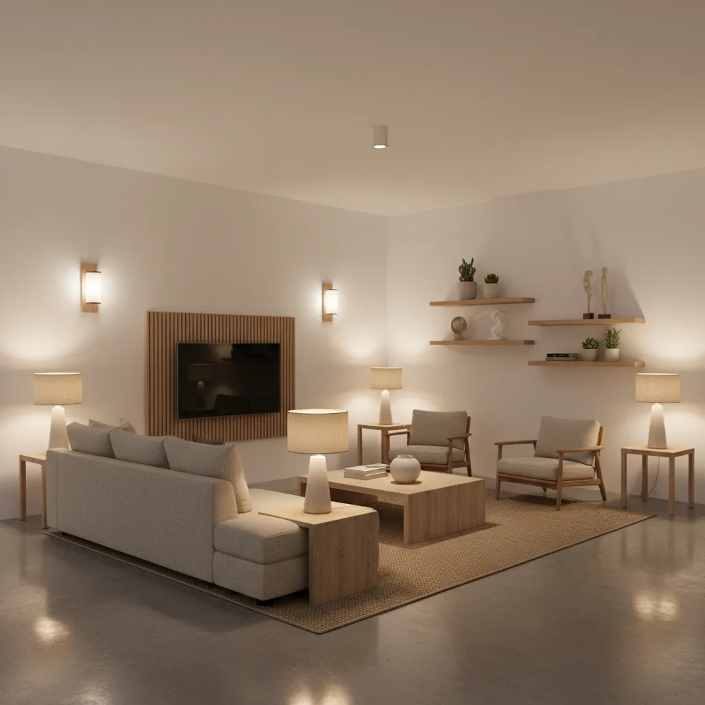 Warm lighting enhancing a grey floor and white wall living room