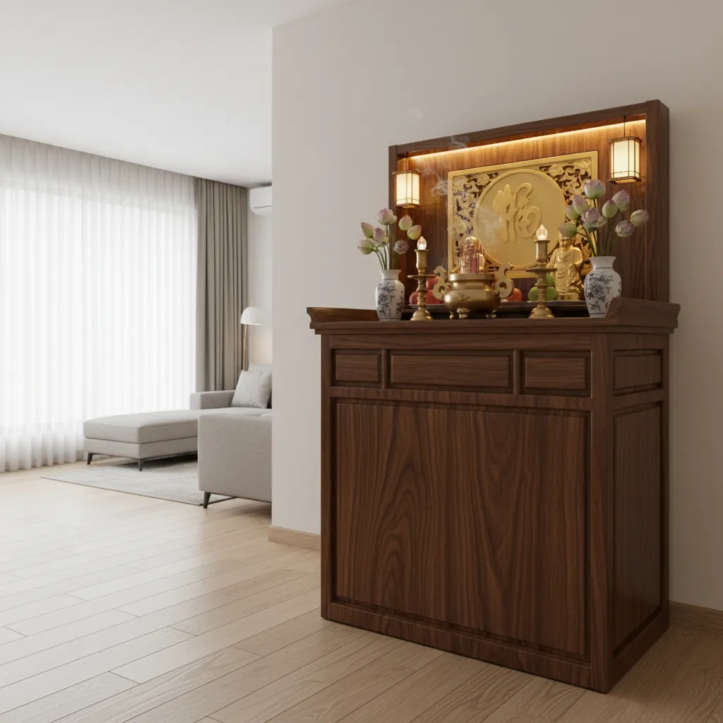 Wooden altar cabinet with gold panel and flowers in bright living room with grey sofa