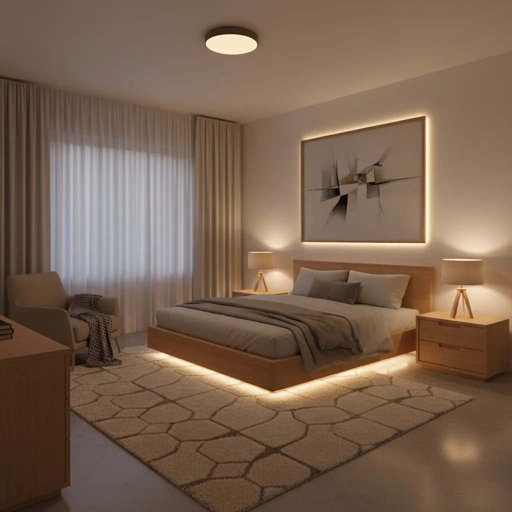 Bedroom with warm layered lighting creating calm and balanced atmosphere