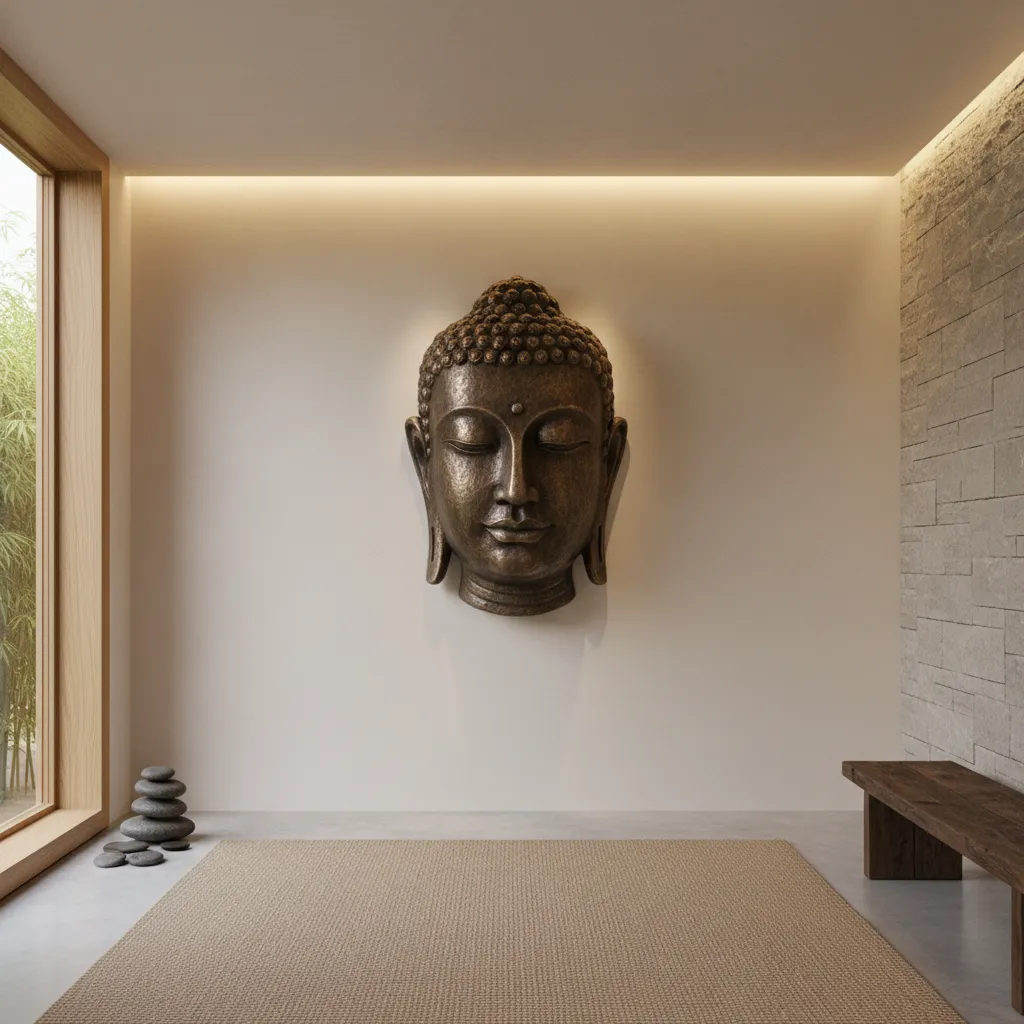 Warm lighting enhancing bronze Buddha wall art texture