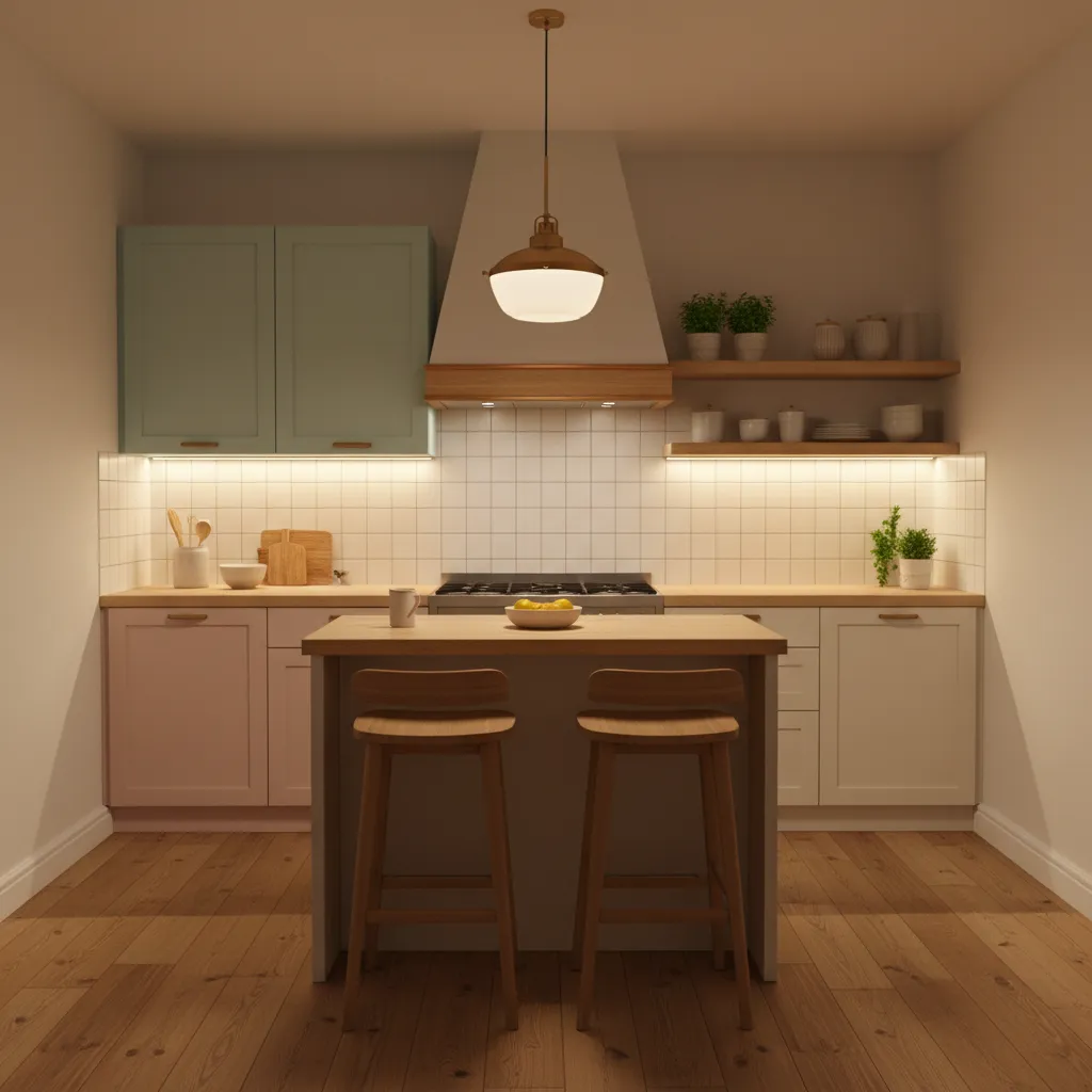 small kitchen with warm layered lighting and cozy atmosphere