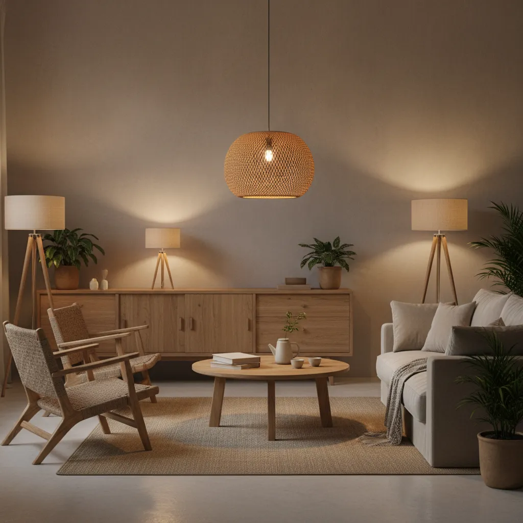 Salón con iluminación cálida y lámparas de fibras naturales