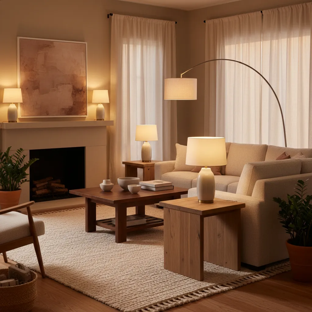 Cozy living room with fireplace multiple table lamps arched floor lamp beige sofa and furniture