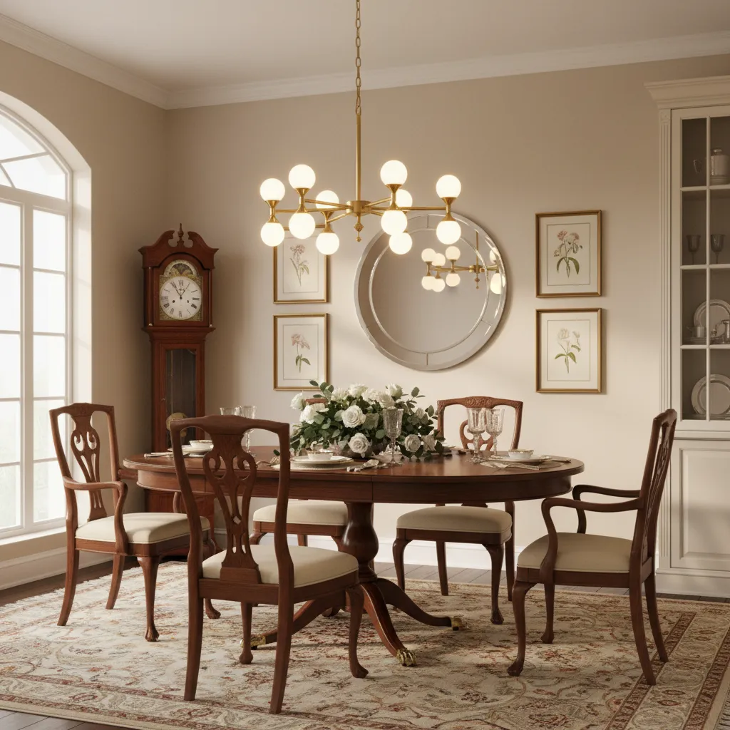 Dining room with warm lighting improving color harmony around mahogany table