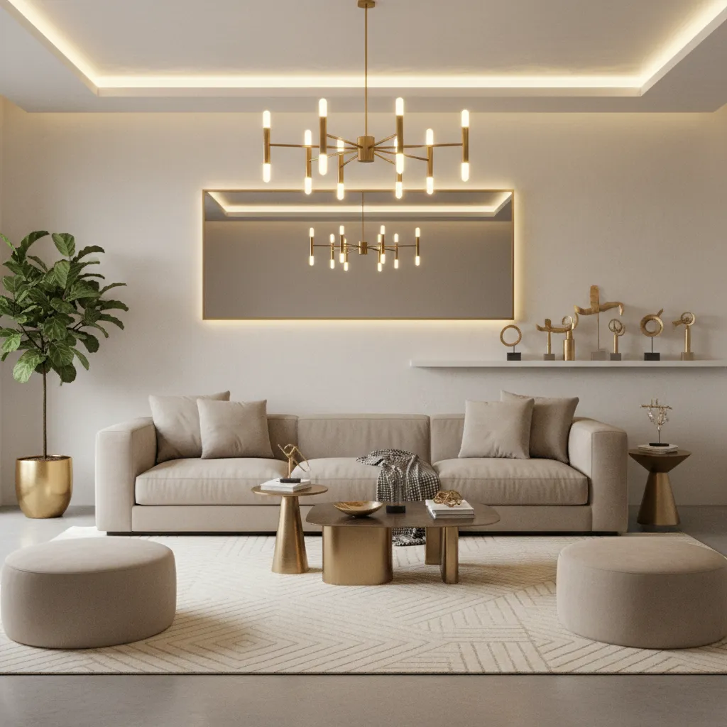 Warm lighting illuminating beige sofa and gold accents in neutral living room