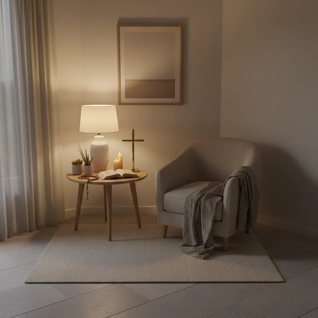 Prayer corner illuminated with warm lamp and candle creating calm atmosphere