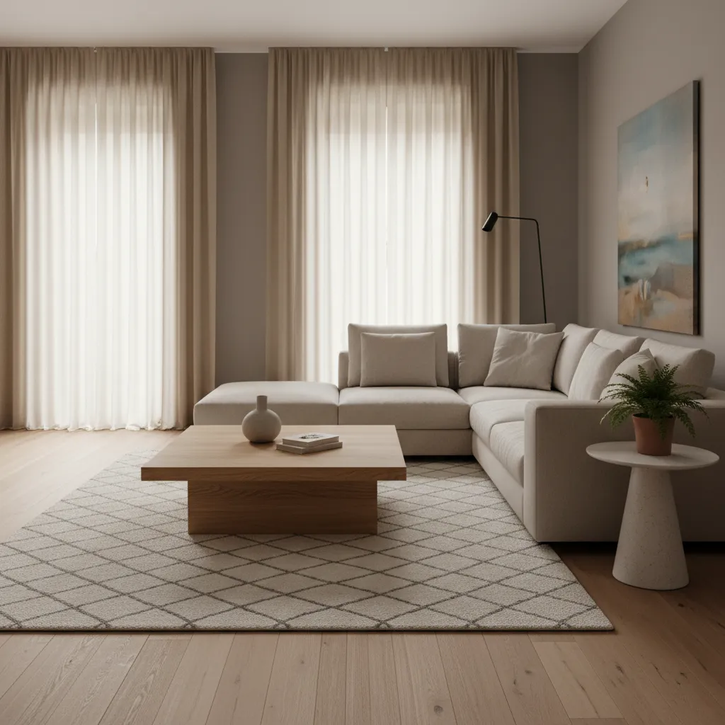 German style living room with oak wood furniture and neutral textiles creating warmth