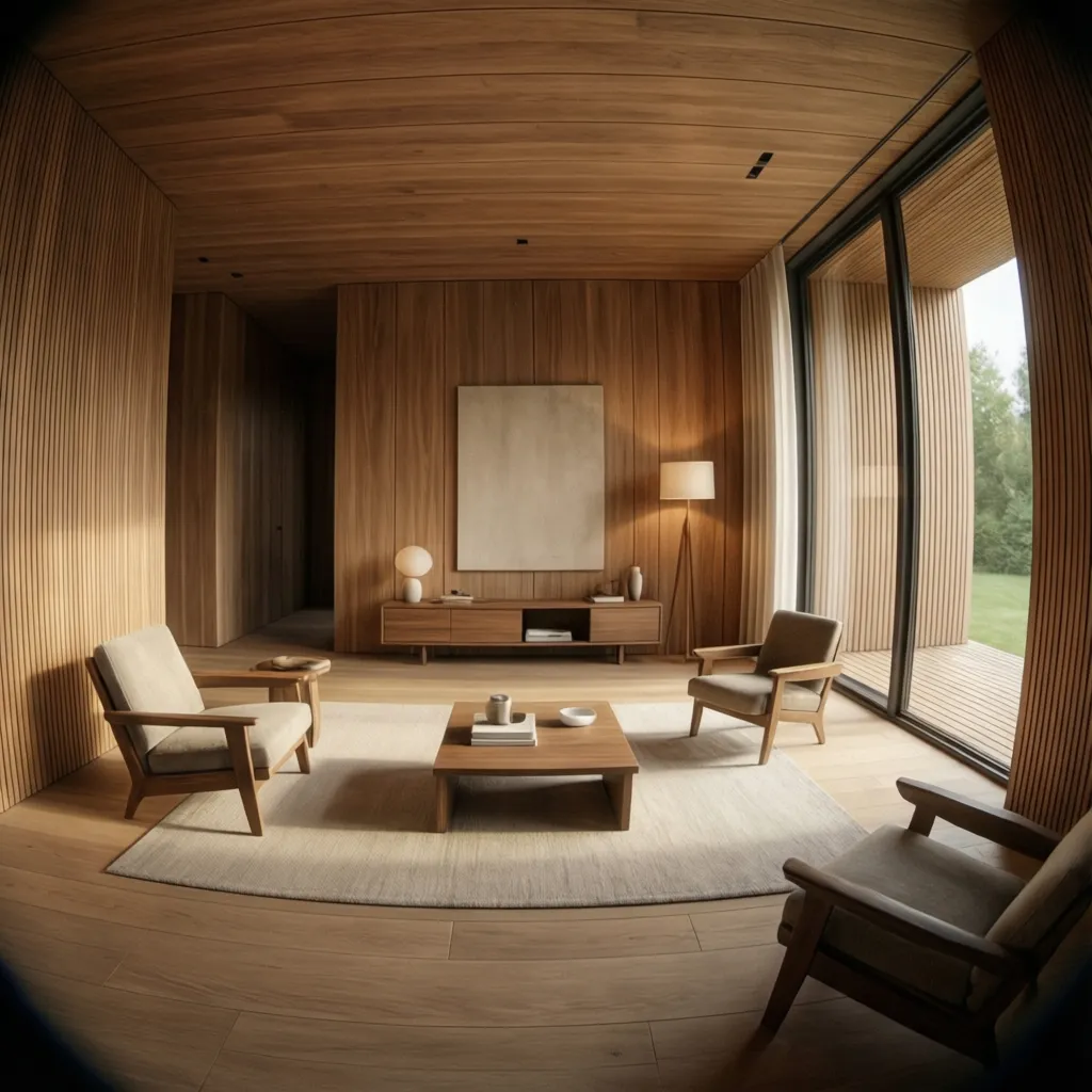 Interior minimalista cálido dentro de una casa de diseño cúbico