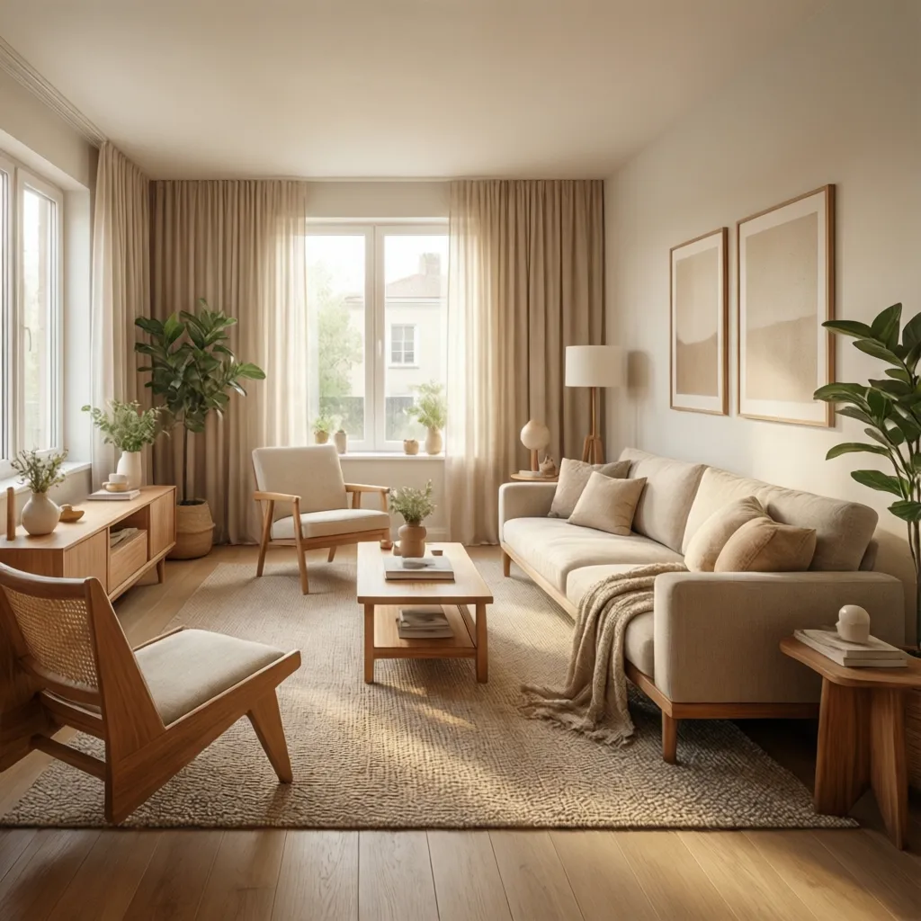 Interior minimalista cálido con madera y textiles suaves