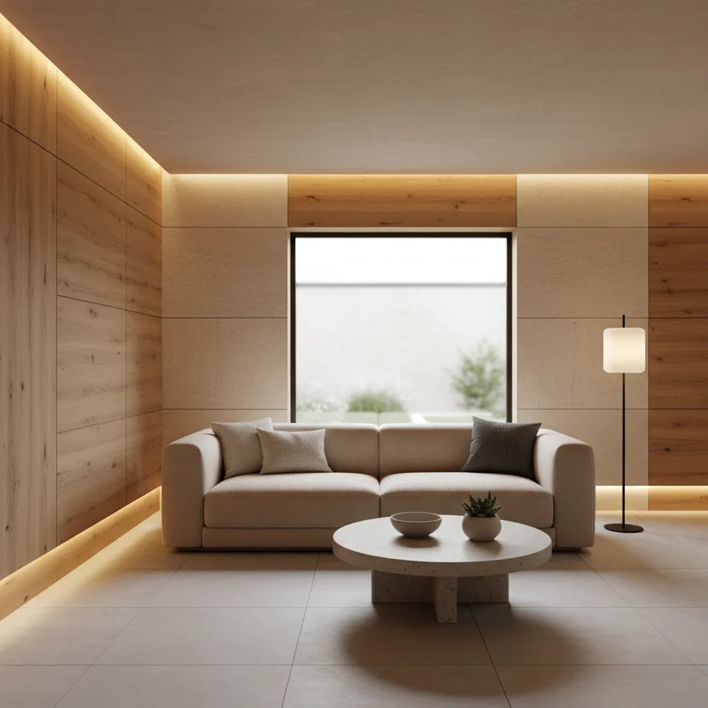 Interior minimalista con madera natural y iluminación cálida