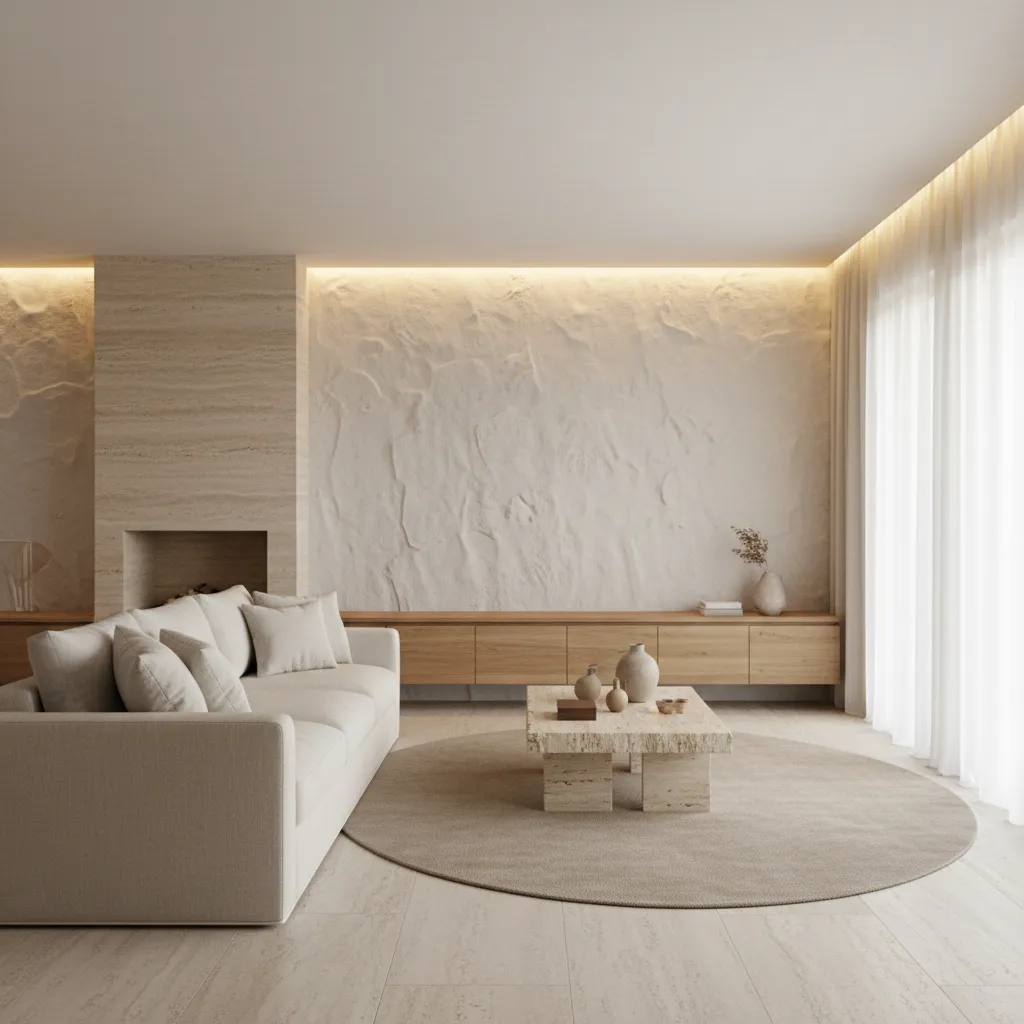 Interior minimalista cálido con materiales naturales