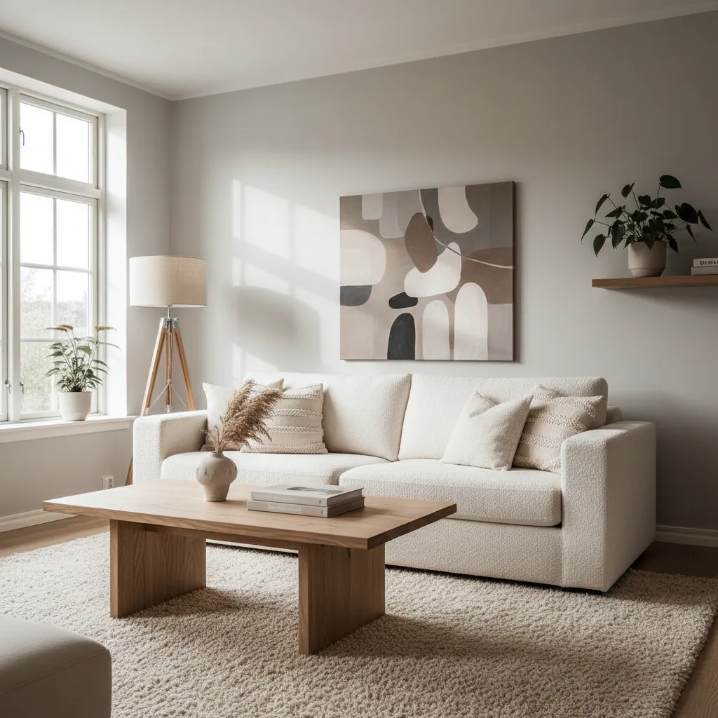 Salón minimalista cálido con sofá grande, alfombra neutra y madera clara