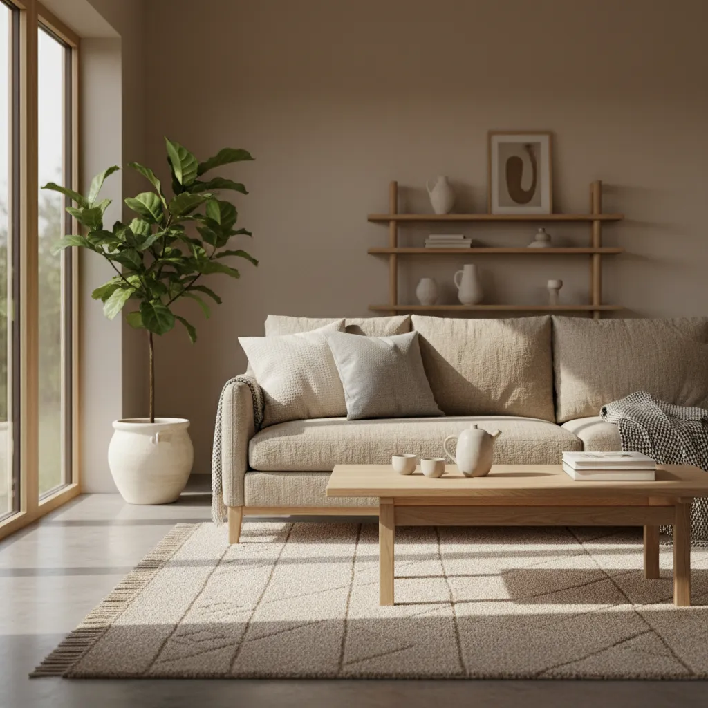 Salón minimalista cálido con madera, textiles y luz natural