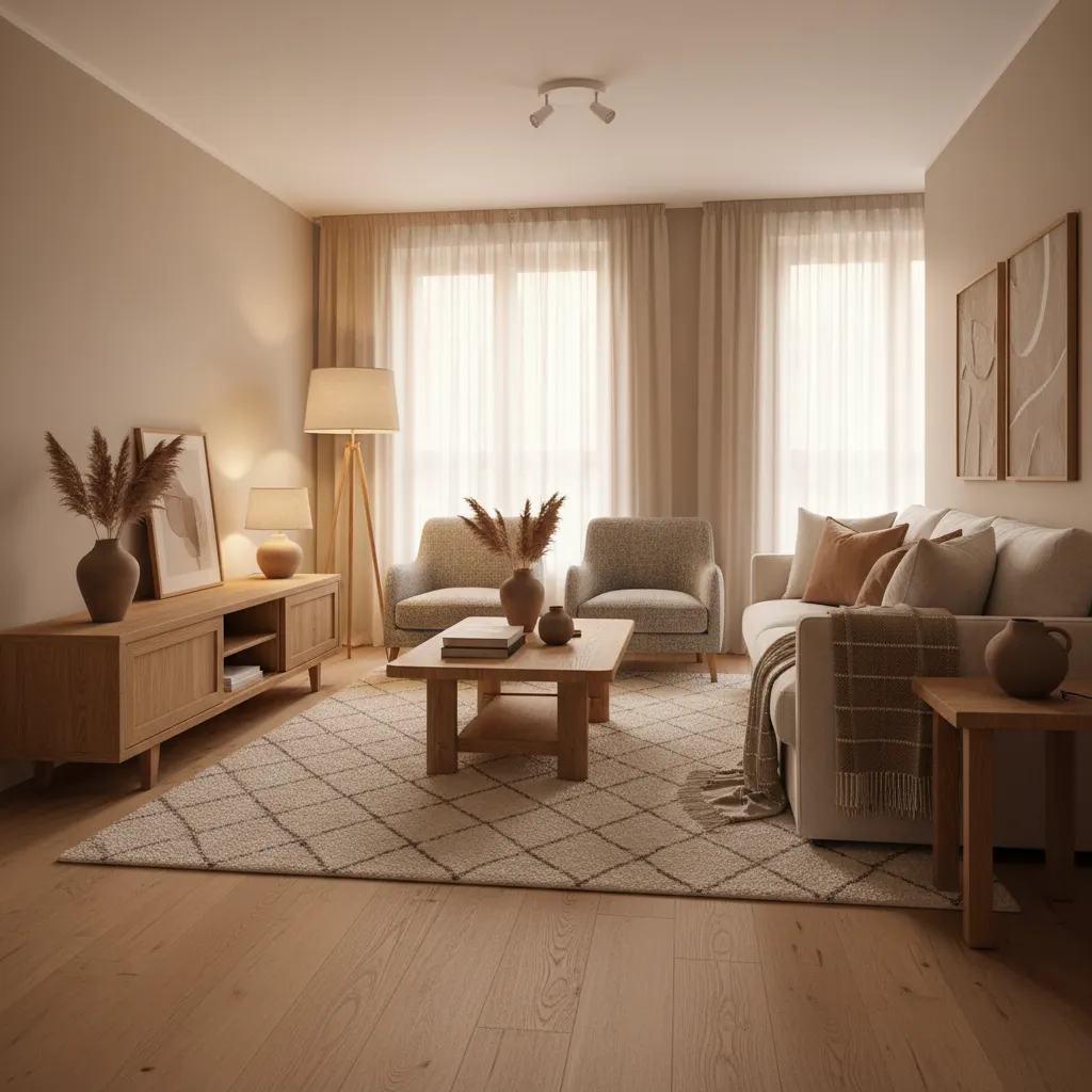 Warm living room with cream sofa wooden coffee table floor lamp large rug and curtains