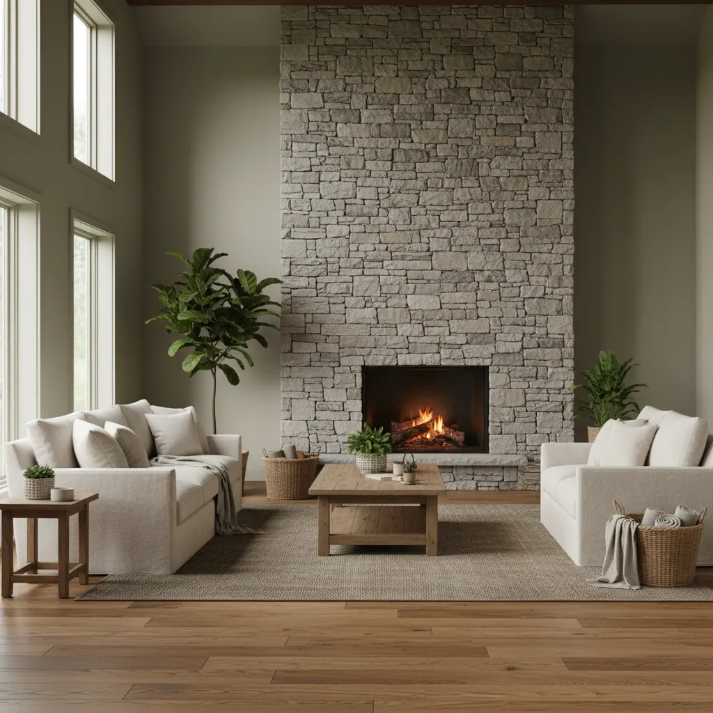 Interior moderno rural con mezcla de madera piedra y textiles cálidos