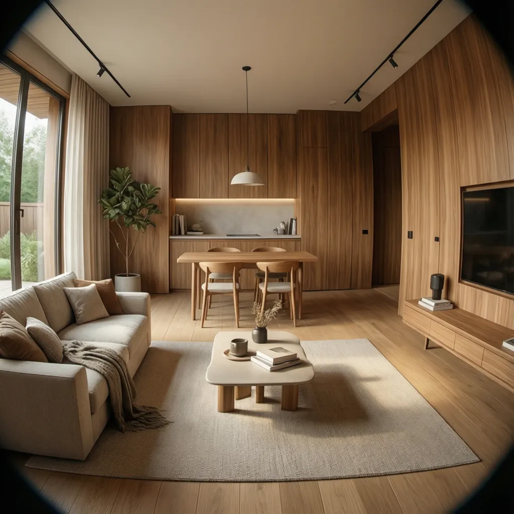 Interior moderno cálido con madera y tonos neutros en casa de una planta