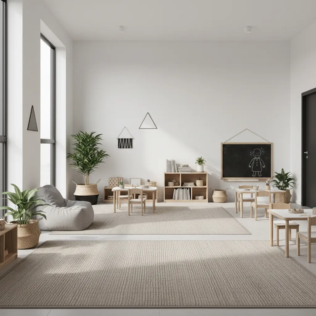 black and white classroom warmed with plants wood baskets and soft textures
