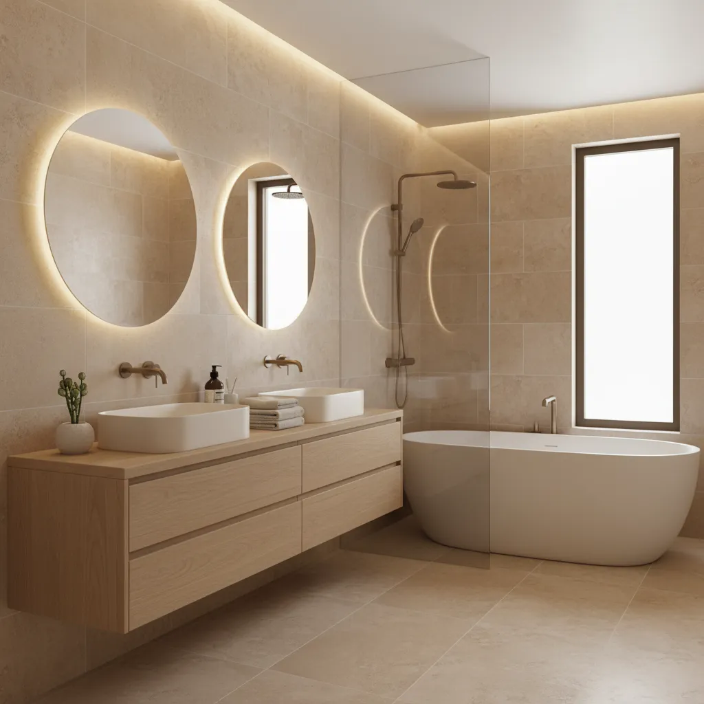 bathroom with warm neutral beige tiles and wooden vanity