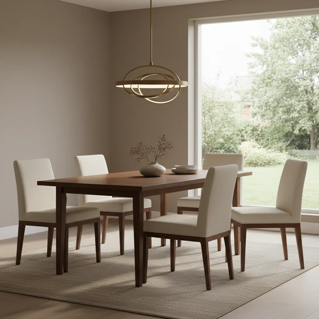 warm neutral dining room with wooden table and soft lighting