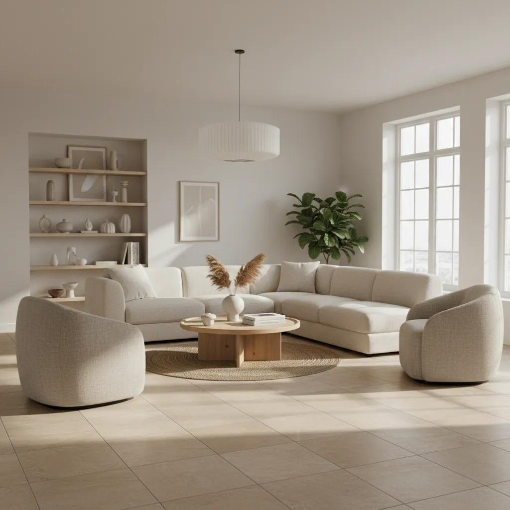 living room with warm beige stone look floor tiles