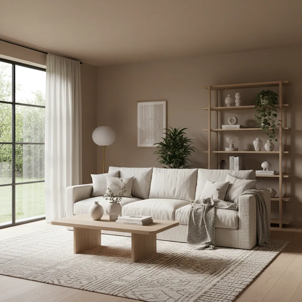 cozy living room with warm neutral wall color and natural textures