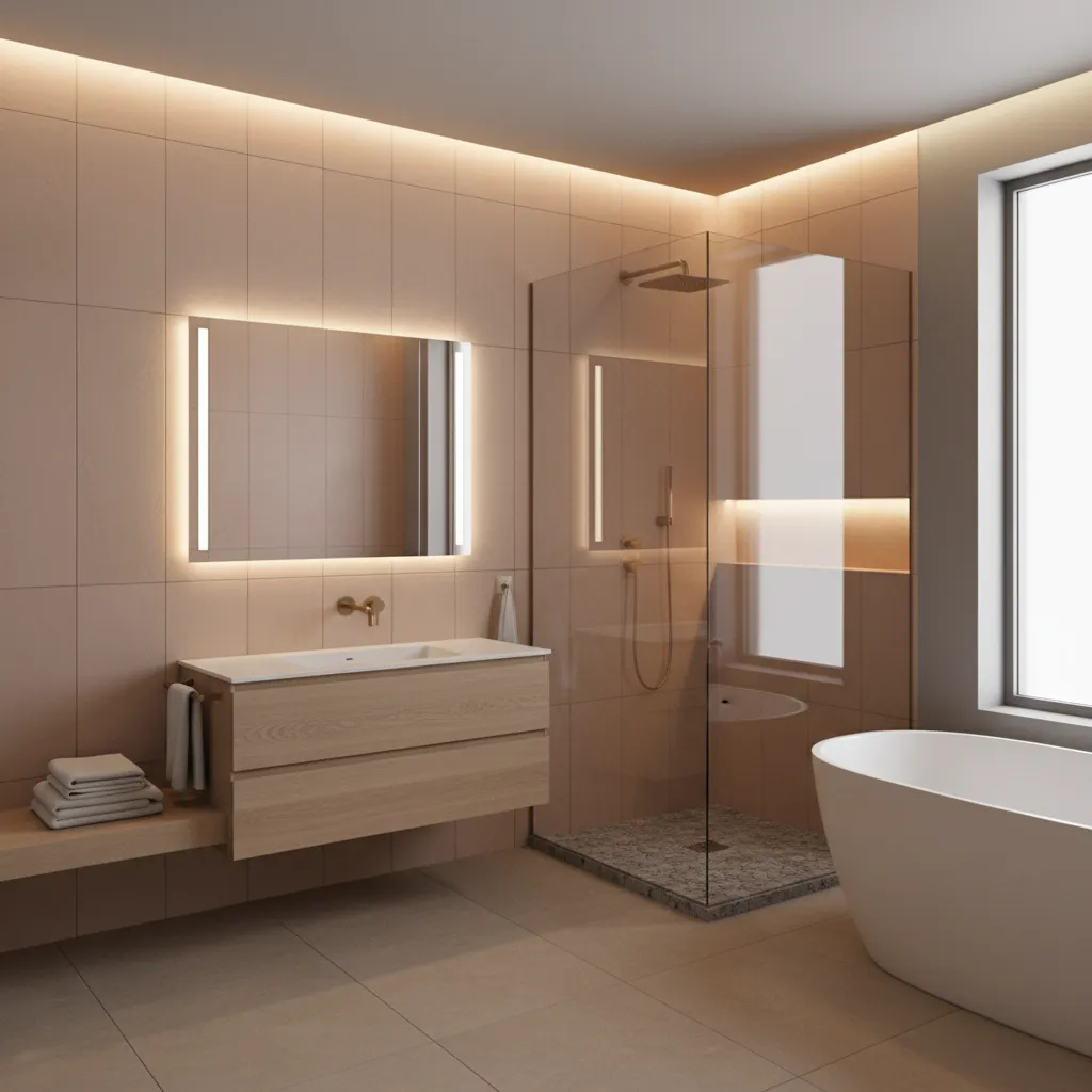 Modern bathroom with warm neutral palette including grey and peach tones