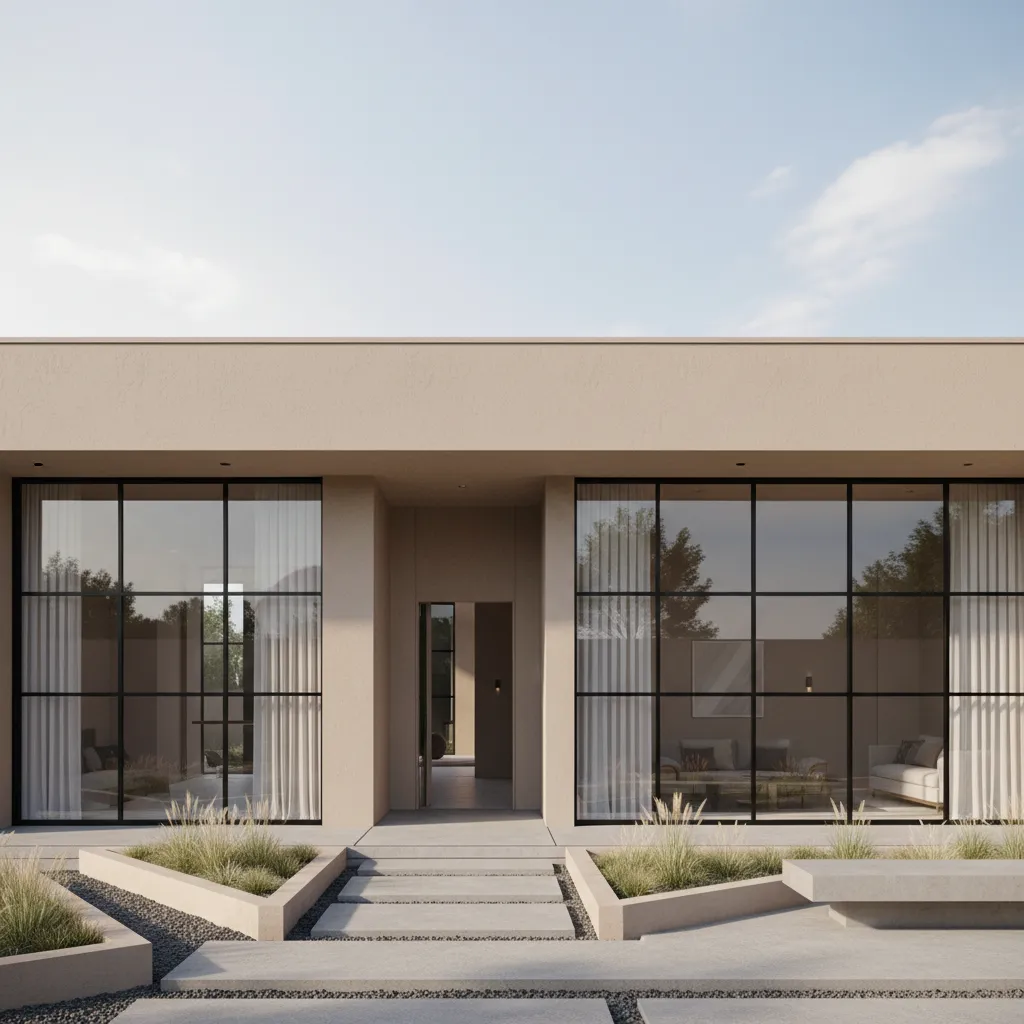 modern house with warm neutral stucco exterior and minimalist design