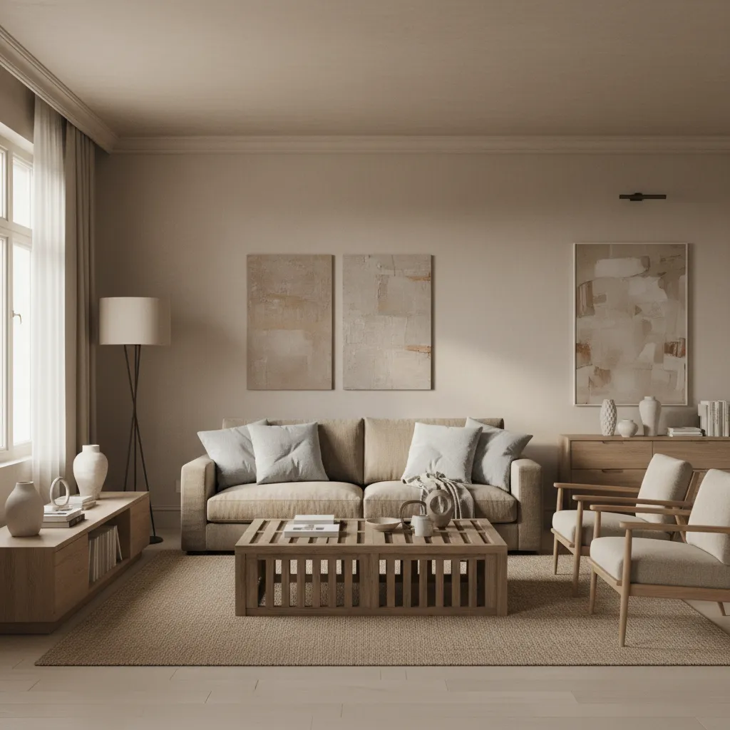 living room with warm neutral paint palette and soft lighting