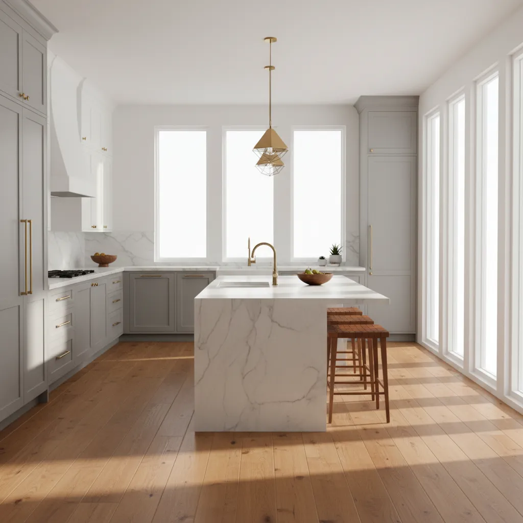 Kitchen with warm oak wood flooring and modern cabinets