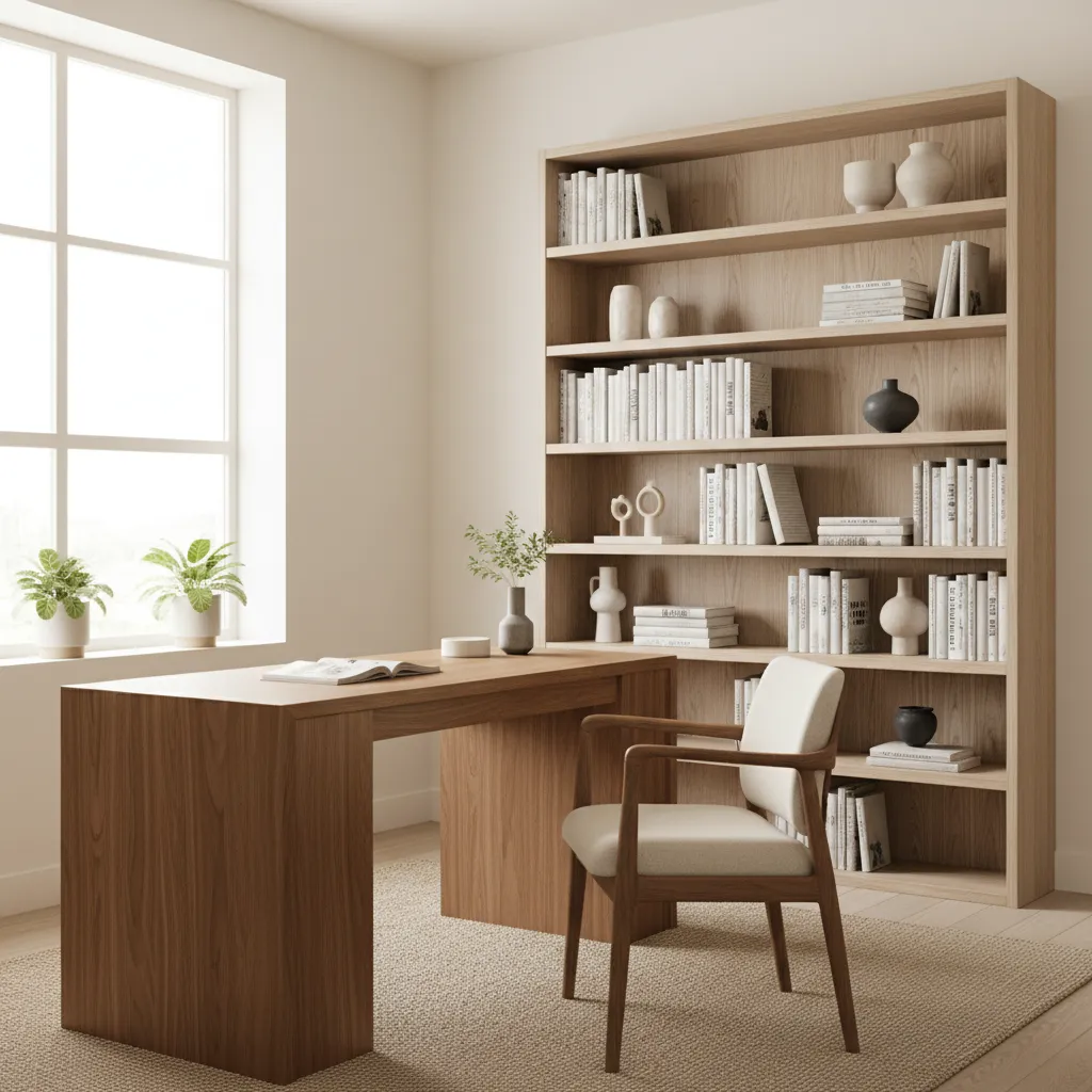 Bright study room with warm off white walls natural light desk and bookshelves