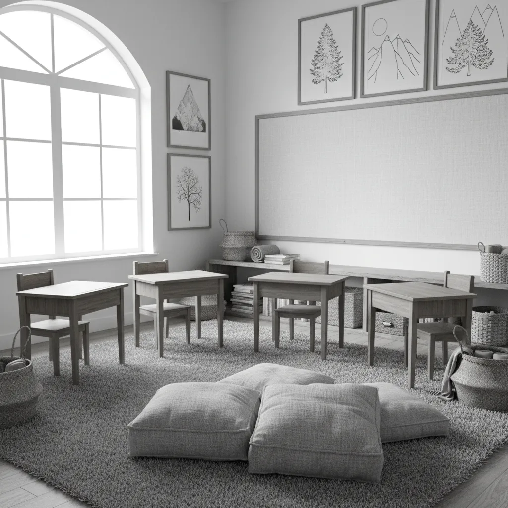 black and white classroom softened with wood furniture and textured decor