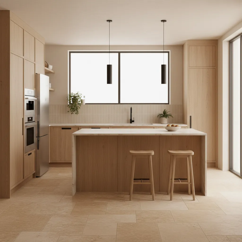 Warm beige travertine kitchen floor paired with oak cabinets