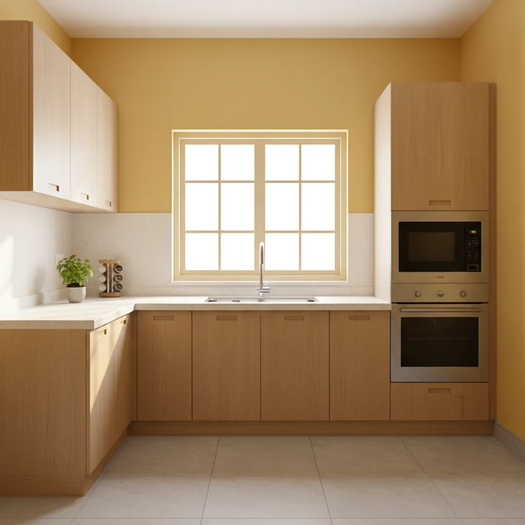 bright kitchen interior with warm yellow wall color and natural wood cabinets