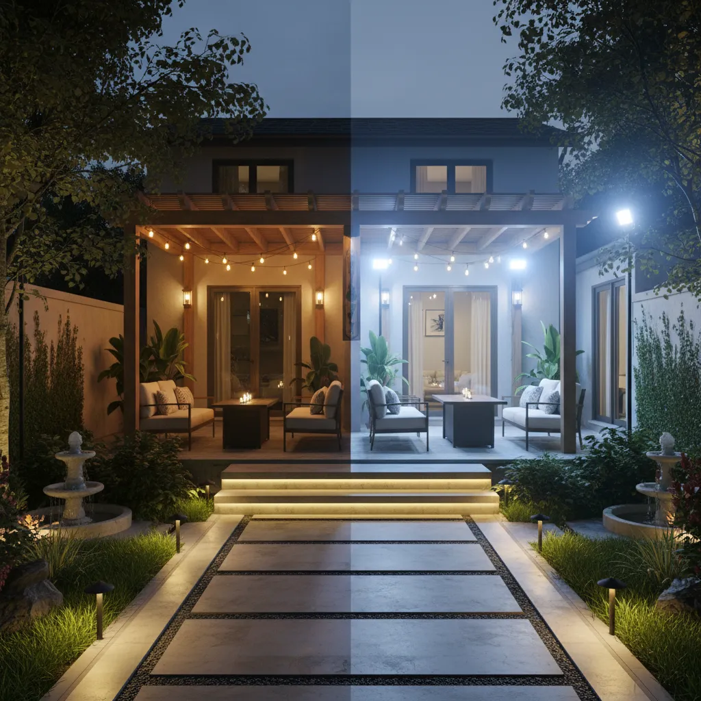 Comparison of warm outdoor lighting versus harsh bright outdoor lighting in a backyard