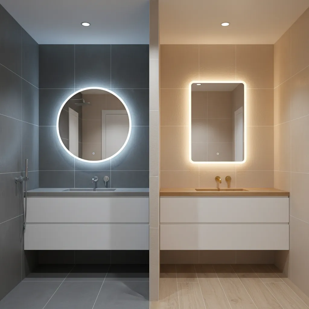 Comparison of cool gray bathroom paint versus warm neutral paint under LED lighting