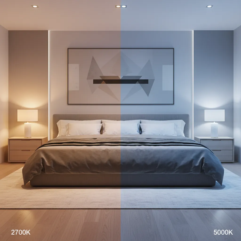 Comparison of bedroom wall colors under warm lighting and cool lighting