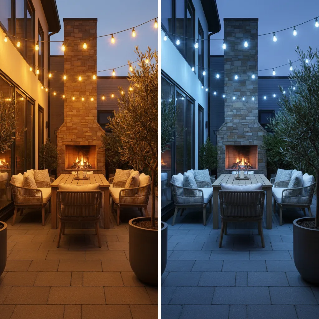 Comparison of warm and cool color temperature bistro light bulbs on patio