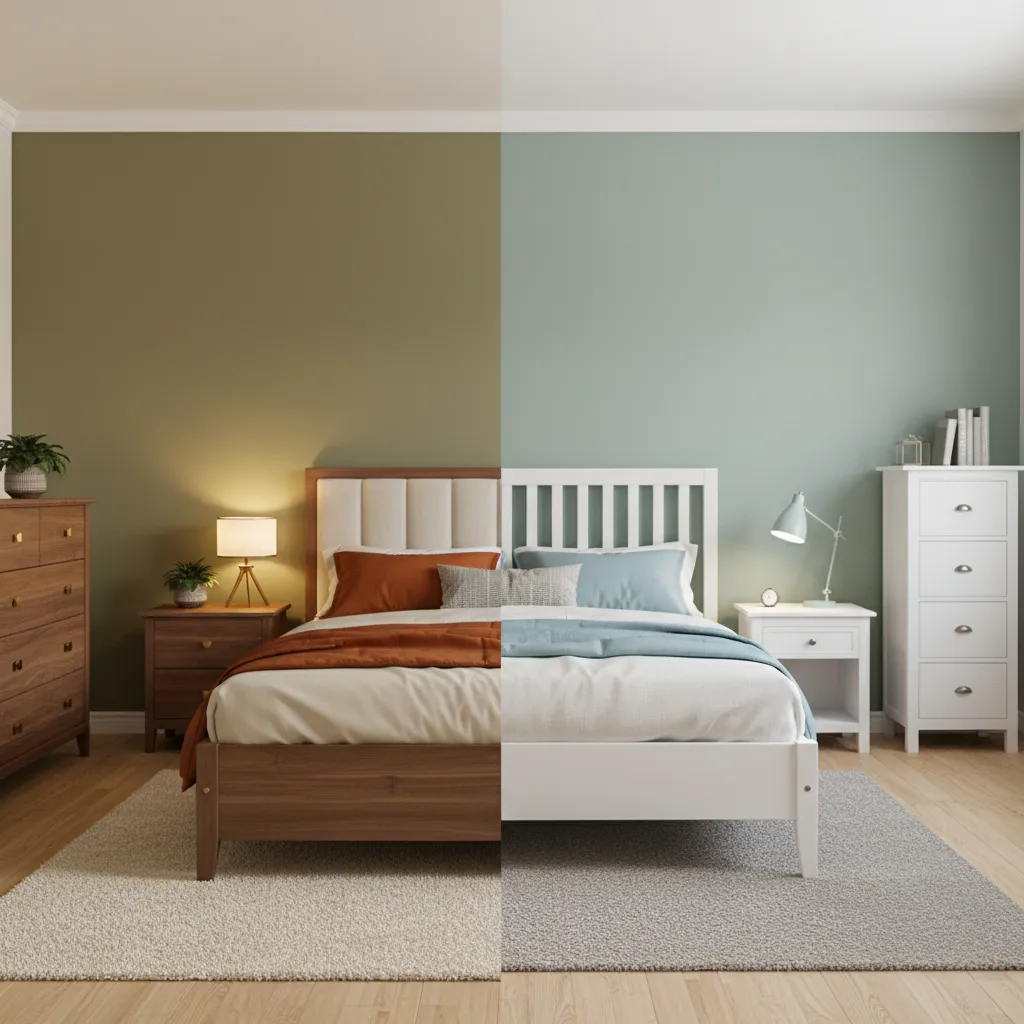 Comparison of warm olive green and cool eucalyptus green bedroom walls