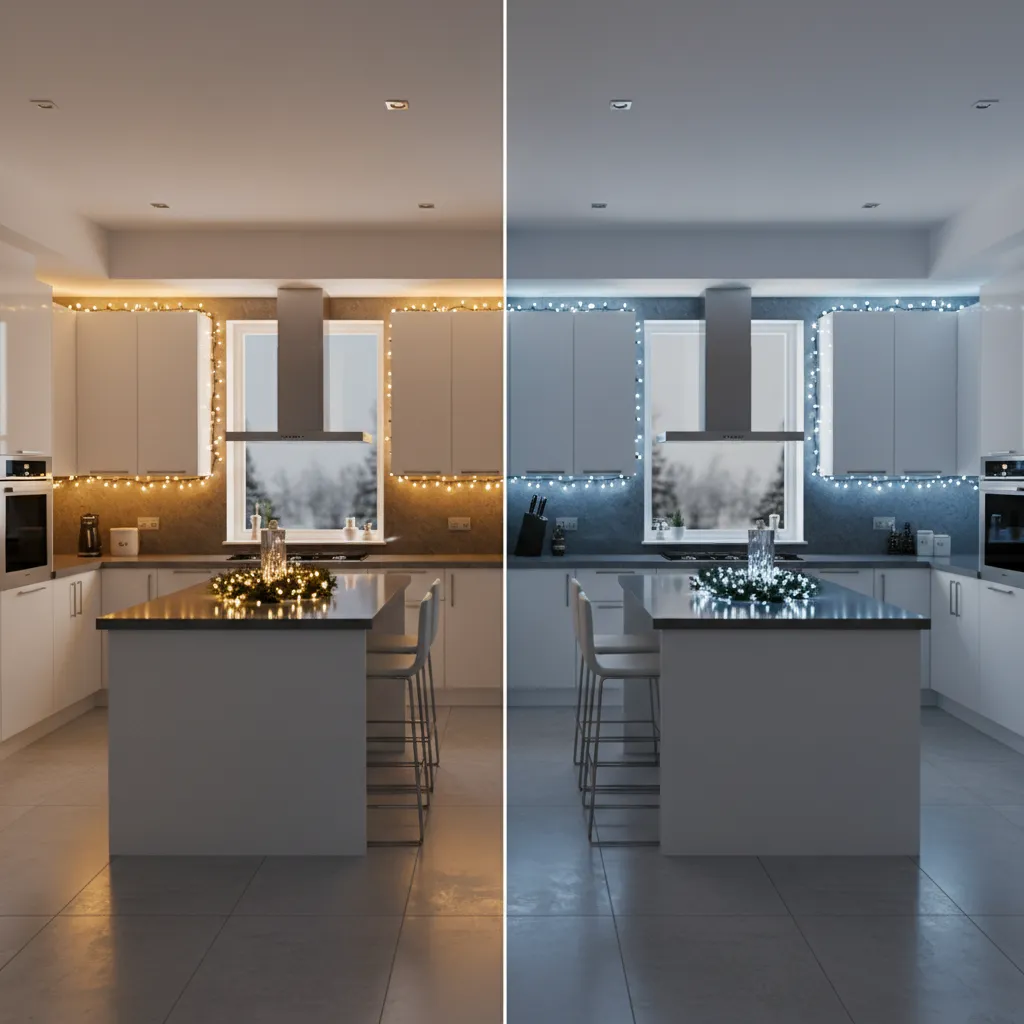 comparison of warm and cool Christmas lights in a kitchen