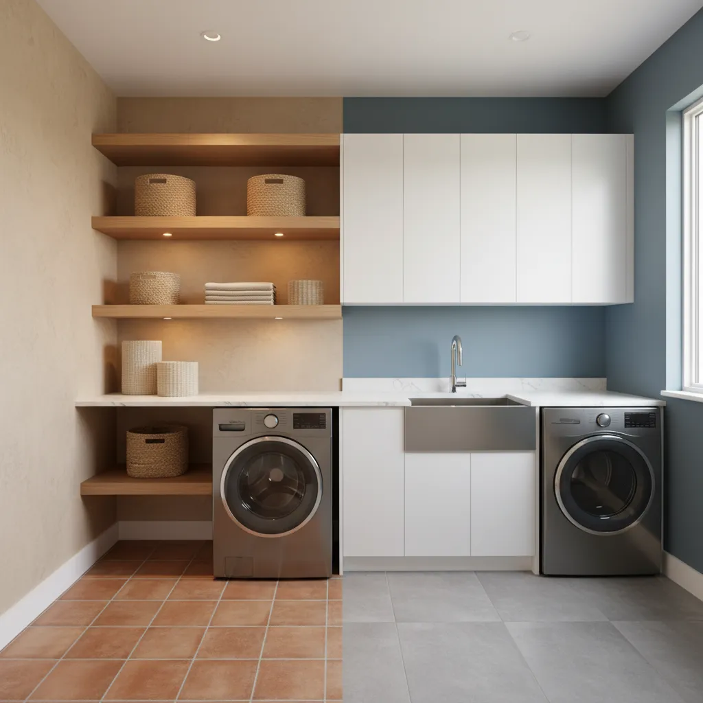 Comparison showing a warm laundry room with beige walls versus a cool blue laundry room.