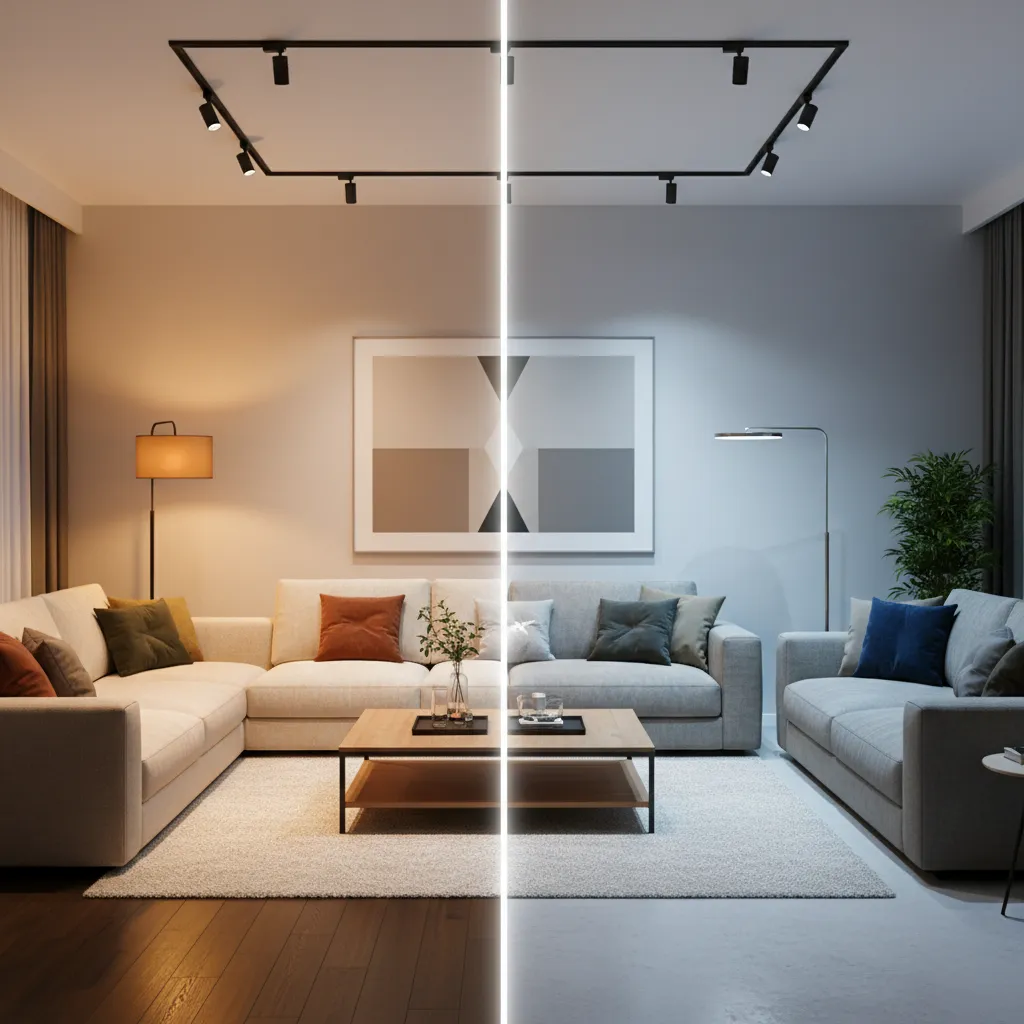 Comparación entre luz cálida y luz fría en interiores