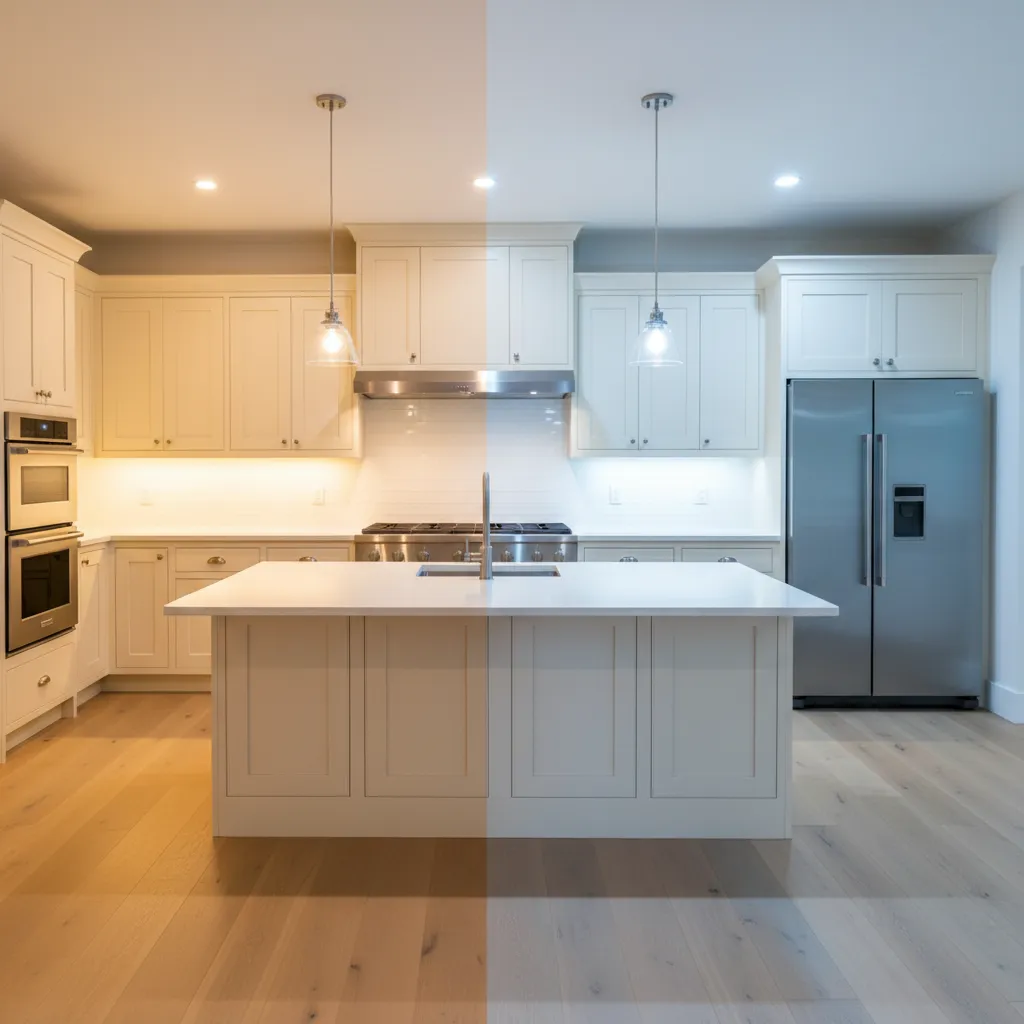 Side by side comparison of warm and cool lighting on cream cabinets
