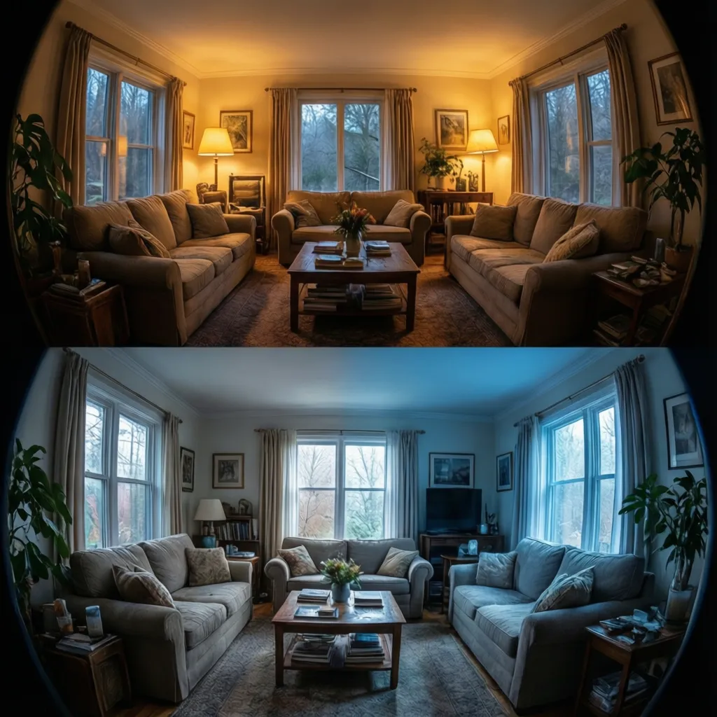 Comparison of a living room with warm yellow light and cool blue light color options