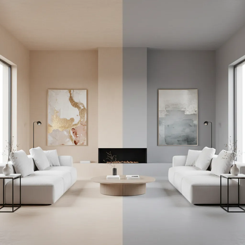 comparison of warm neutral vs cool neutral living room walls with white sofa