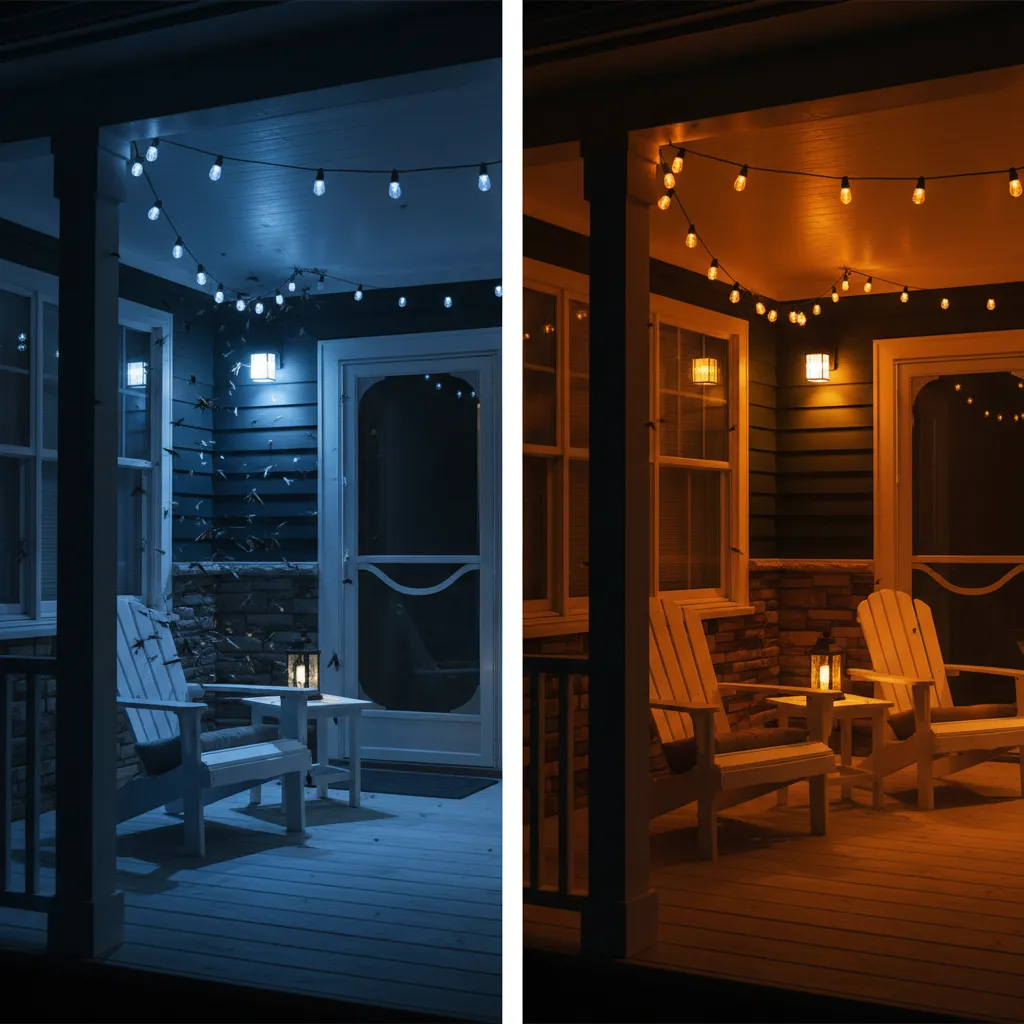 Comparison of warm amber outdoor lighting versus cool white lighting on a porch
