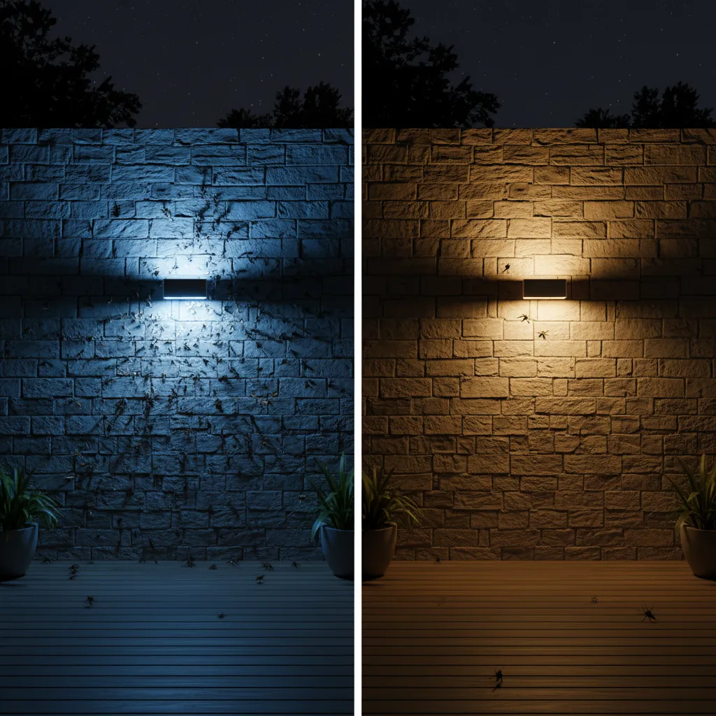 Comparison of cool white light attracting many insects and warm amber light attracting fewer