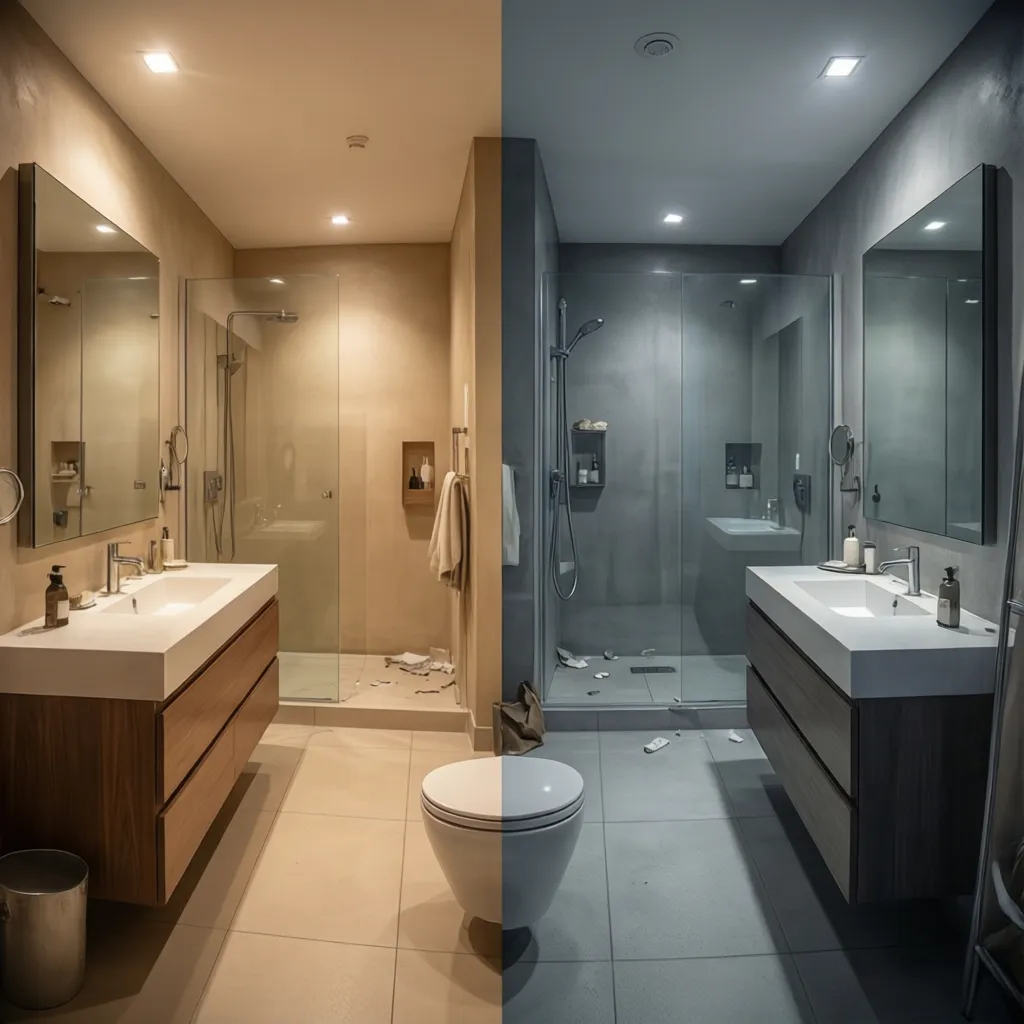 split comparison of warm undertone bathroom paint and cool gray undertone paint