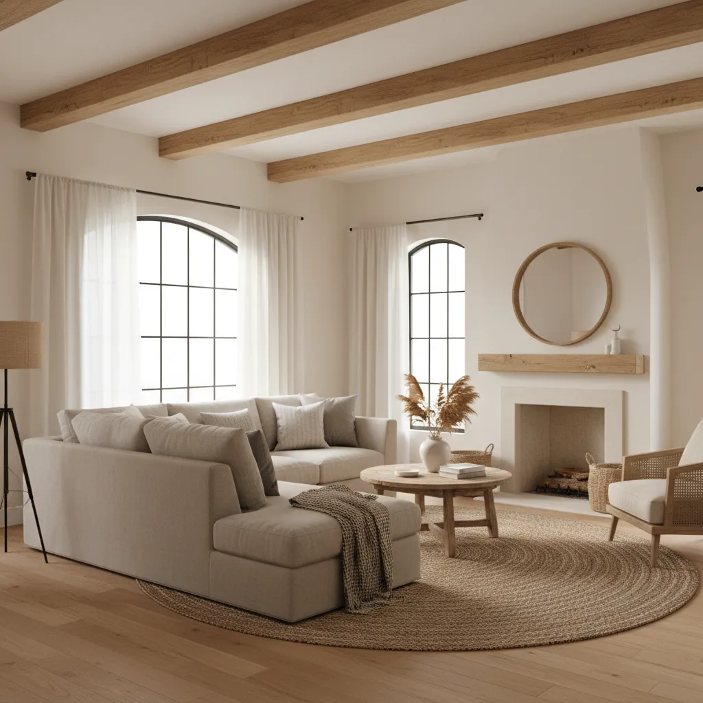 Farmhouse living room with warm white walls and natural wood accents