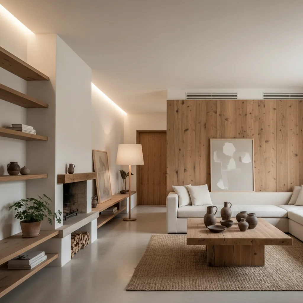 Modern living room with wood wall panel white sofa wooden coffee table fireplace and shelves